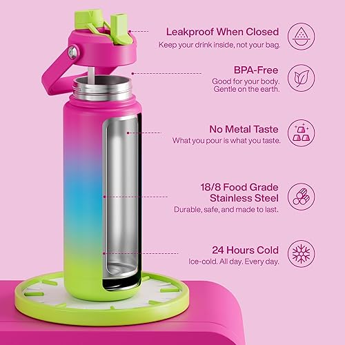 Miniatura 194 de ENCOOL Botella de agua aislada con popote, de acero inoxidable, a prueba de fugas, sin BPA, al vacío de doble pared que se mantiene fría durante 24