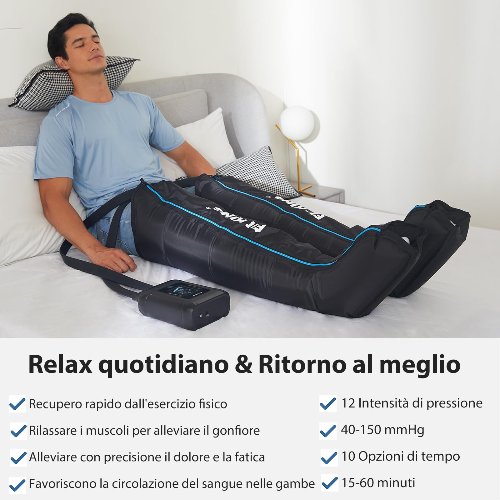 FIT KING Massaggiatore Gambe a Compressione d‘Aria Ricaricabile Senza Fili, Massaggio con 4 Zone Regolabili, 3 Modalità e 11 Intensità, Ideale per Recupero Sportivo e Relax Quotidiano (Medio)