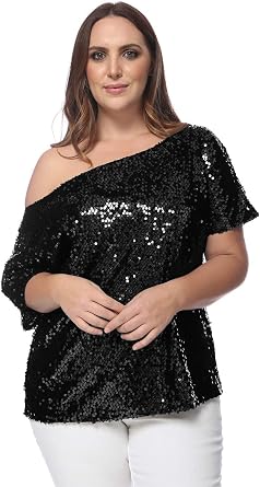 Anna-Kaci Womens Plus Size Sequin Sexy One Shoulder Short Sleeve Party Club Top