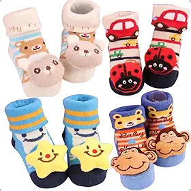 Kit 4 Pares Meias Bebê com Chocalho Pelúcia 3D Algodão Menino Menina Conforto Respirável 0 a 24 Meses Uso Diário