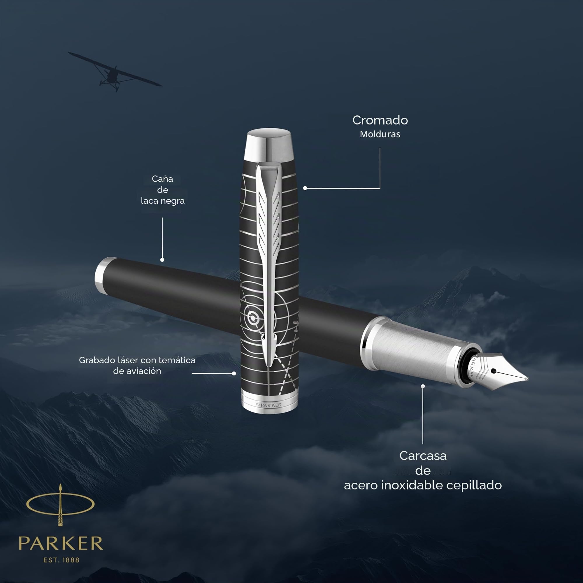 Parker IM Premium Pluma estilográfica | Colección Legacy of Flight | Acabado cromado | Plumín fino | Tinta azul | Caja de regalo