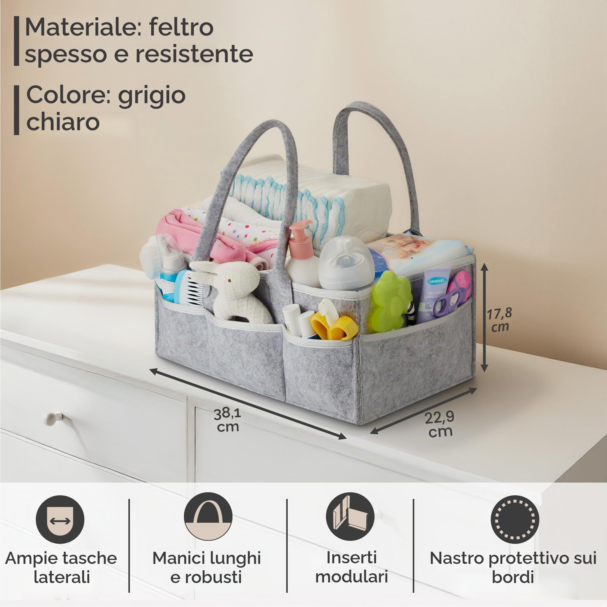 PUTSKA Organizzatore pannolini bebè - Cestino in feltro portatile con scomparti regolabili, borsa fasciatoio pieghevole per passeggino, organizza fasciatoio e cassettiera - Grigio, 100% cotone bio
