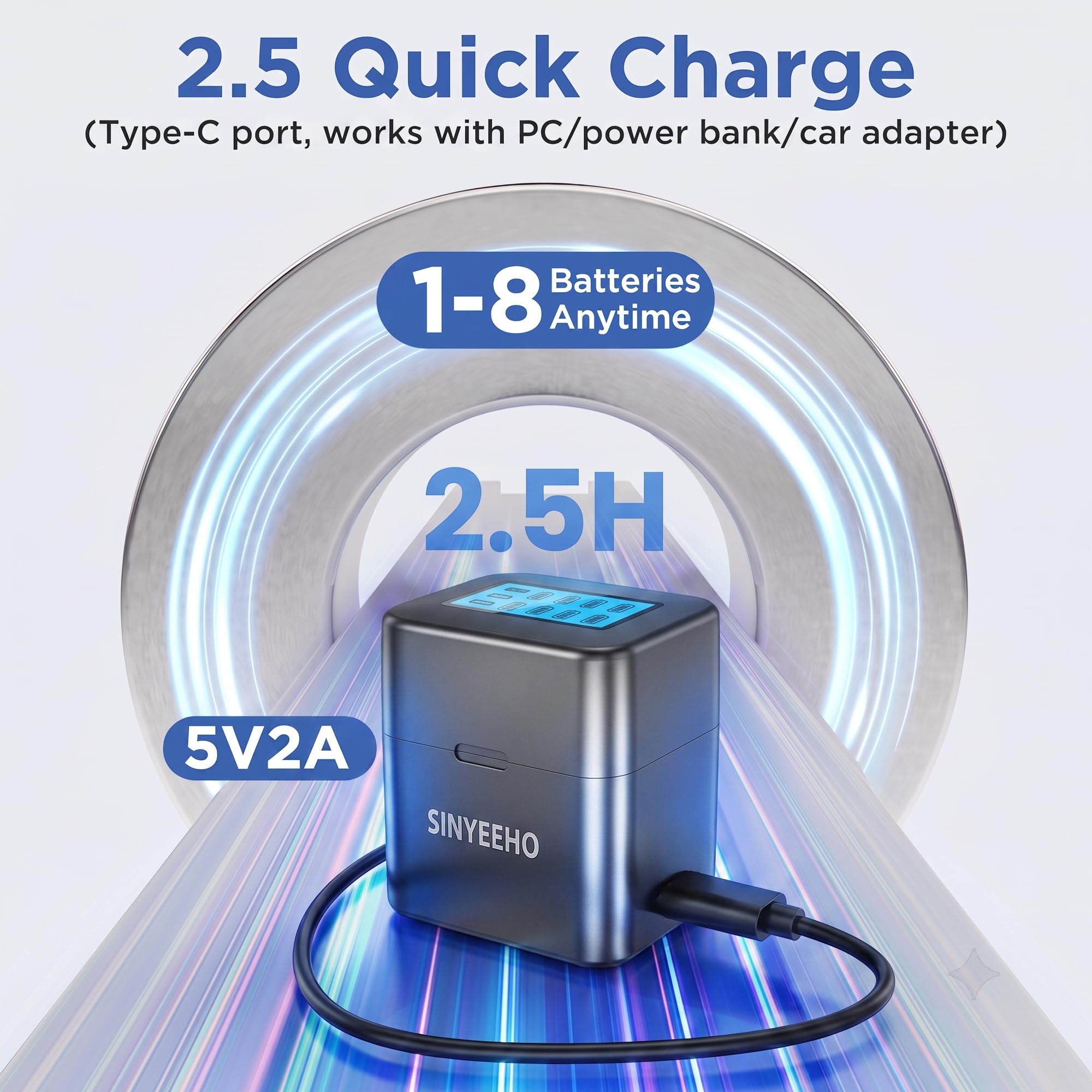 Lot de 8 piles AA rechargeables au lithium avec chargeur 1,5 V 3800 mWh - Double A - Longue durée - Avec écran LCD - Temps de cycle jusqu'à 2500 - Charge rapide pour caméras et jouets d'extérieur