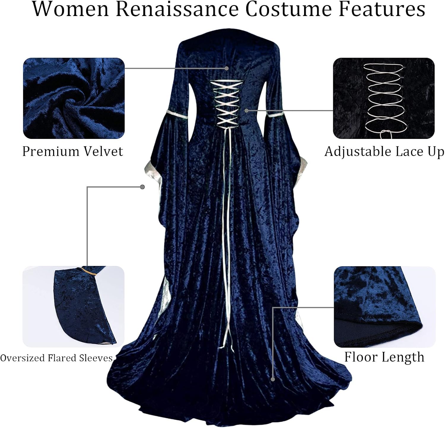 Xplanet Renaissance Dress Costume Womens Medieval Faire Halloween Cosplay Velvet Irish Retro Gothic Gown Long Over Dresses - Image 6