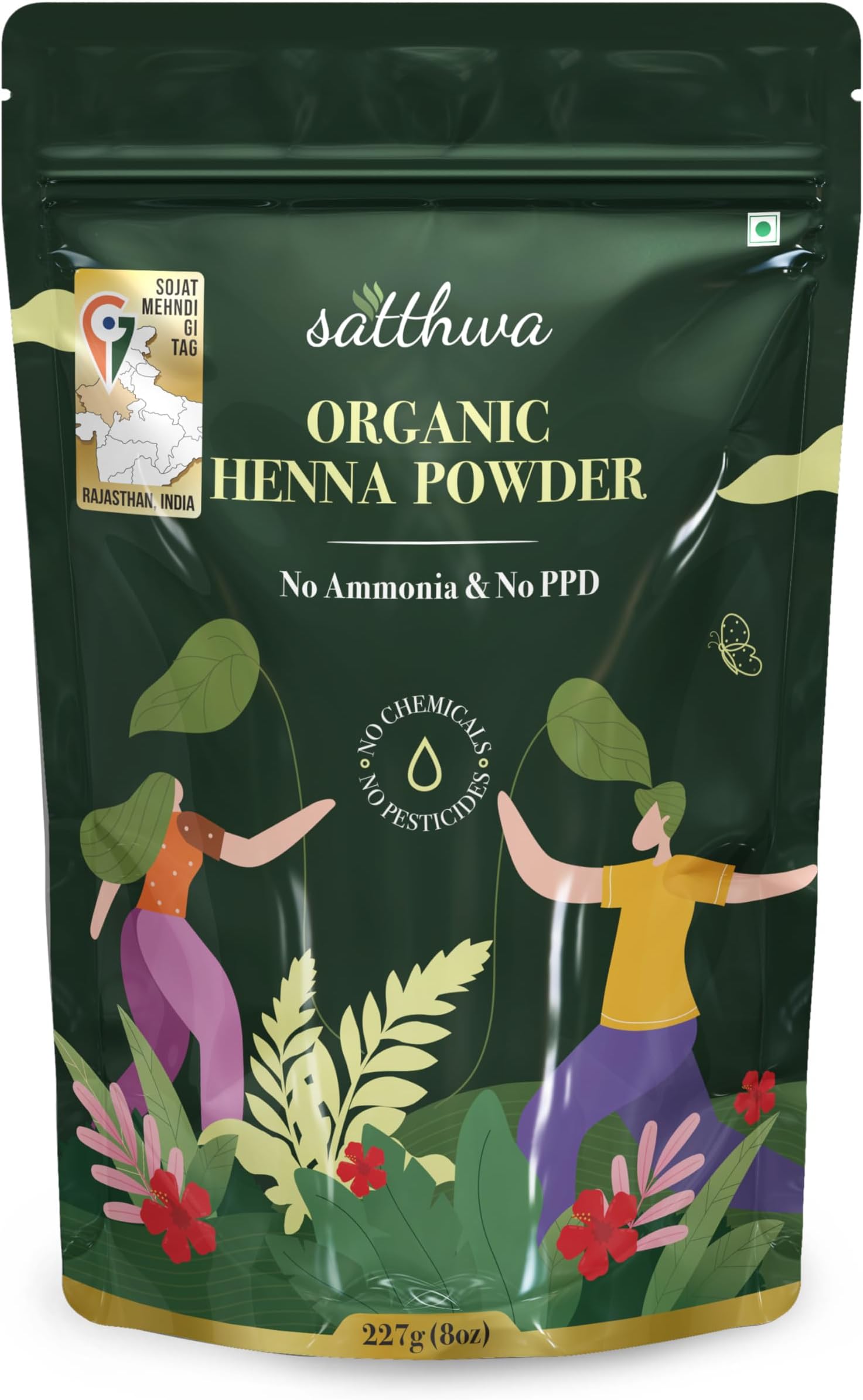 Satthwa Organic Henna Powder (Mehndi Powder)| 227gm (8oz) | 100% Pure and Natural Lawsonia Inermis | Henna for Cools Scalp, Nourishes & Deep Conditions, Rich, Brown Hair Colour and Covering Greys