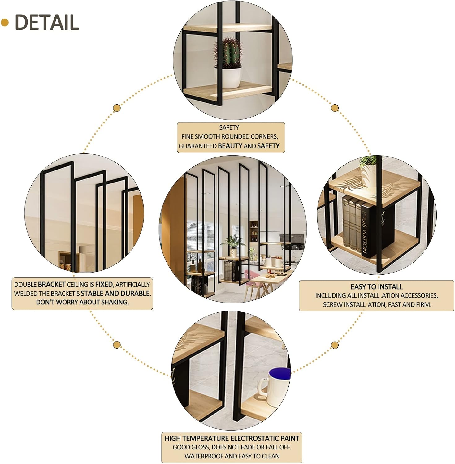 Ceiling Hanging Floating Wooden Shelves with Iron Frame - Versatile Kitchen Bookshelf & Pan Rack for Living Room, Bar, or Store - Stylish Home Decor Solution
