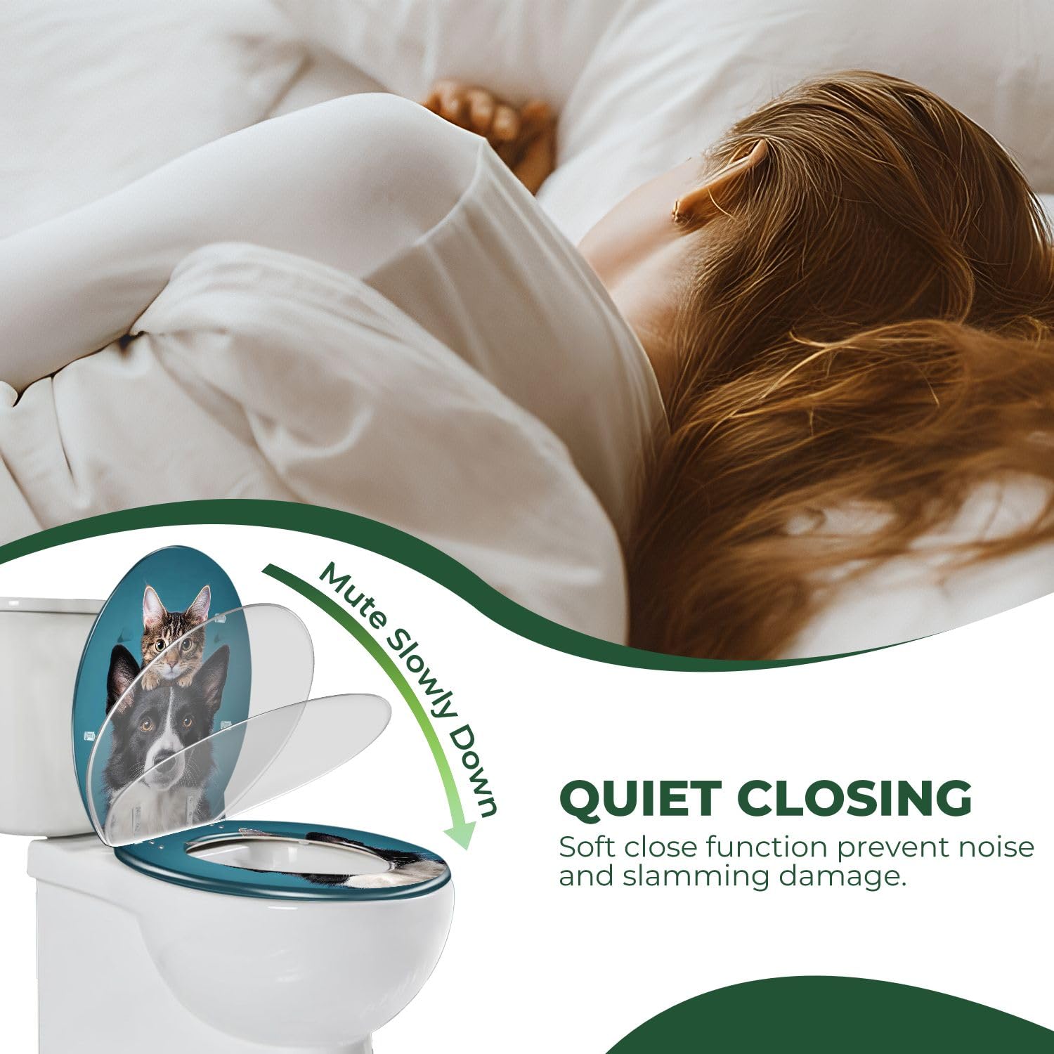Elongated Resin Toilet Seat with Cover, Border Collie & Hiding Cat Art