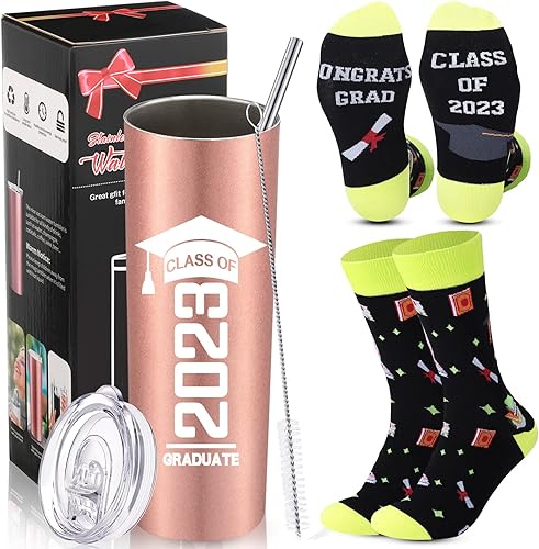 Vaso de acero inoxidable de graduación Class of 2023 y divertidos calcetines de graduación de acero inoxidable de 20 onzas, vasos de agua con tapa