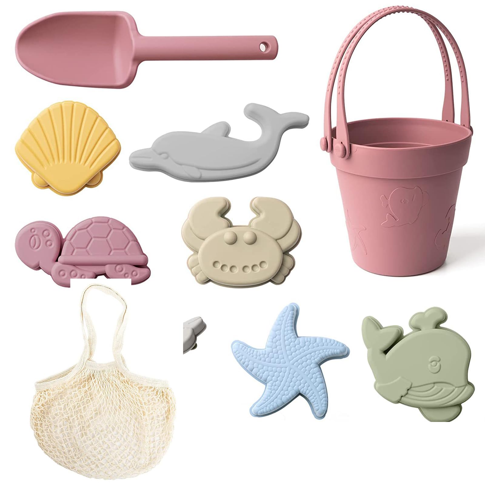 9 Piezas Juguetes de Playa de Silicona, Cubo de Arena de Silicona, Juguetes de Arena de Silicona para niños, Incluye Cubo, Modelos de Dibujos Animados, Pala de Arena, Bolsa de Playa, Rojo