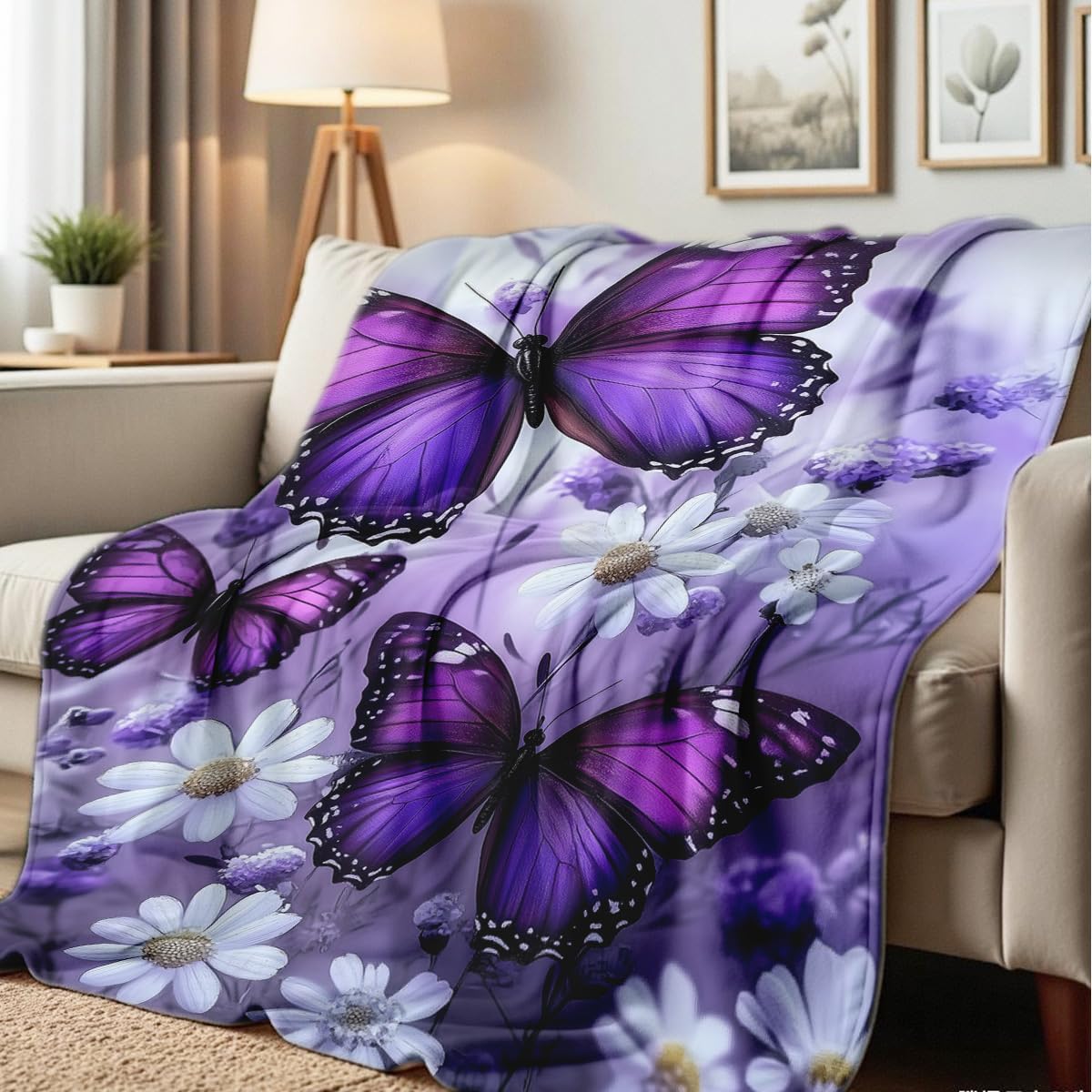 Printed Bed Blanket Purple Butterfly Throws Soft Flannel Blanket Butterfly Gifts for Adults Kids Couch Butterflies Decor for Sofa Bed Office (49"x59")