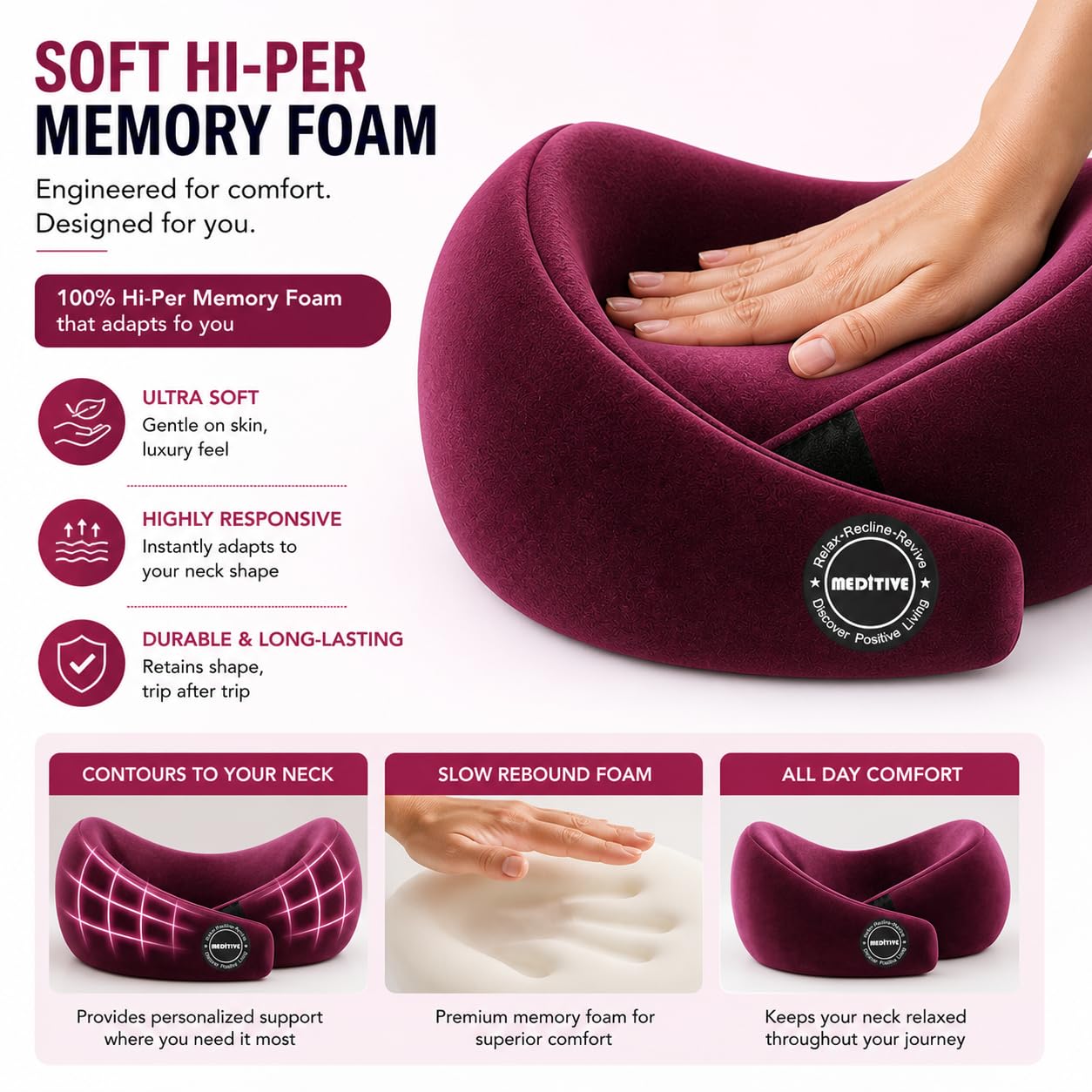 MEDITIVE Memory Foam Neck Pillow for Travel Neck Protection Arm Rest Foldable with Carry Bag (Pink) 2