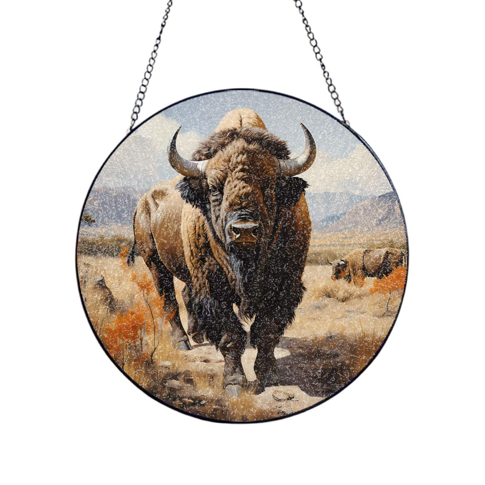 Phayah North American Bison Herd Print Glass Window Hanging Sun Catchers Suncatcher Decor For Birthday For Home Garden Porch 10in（25cm）