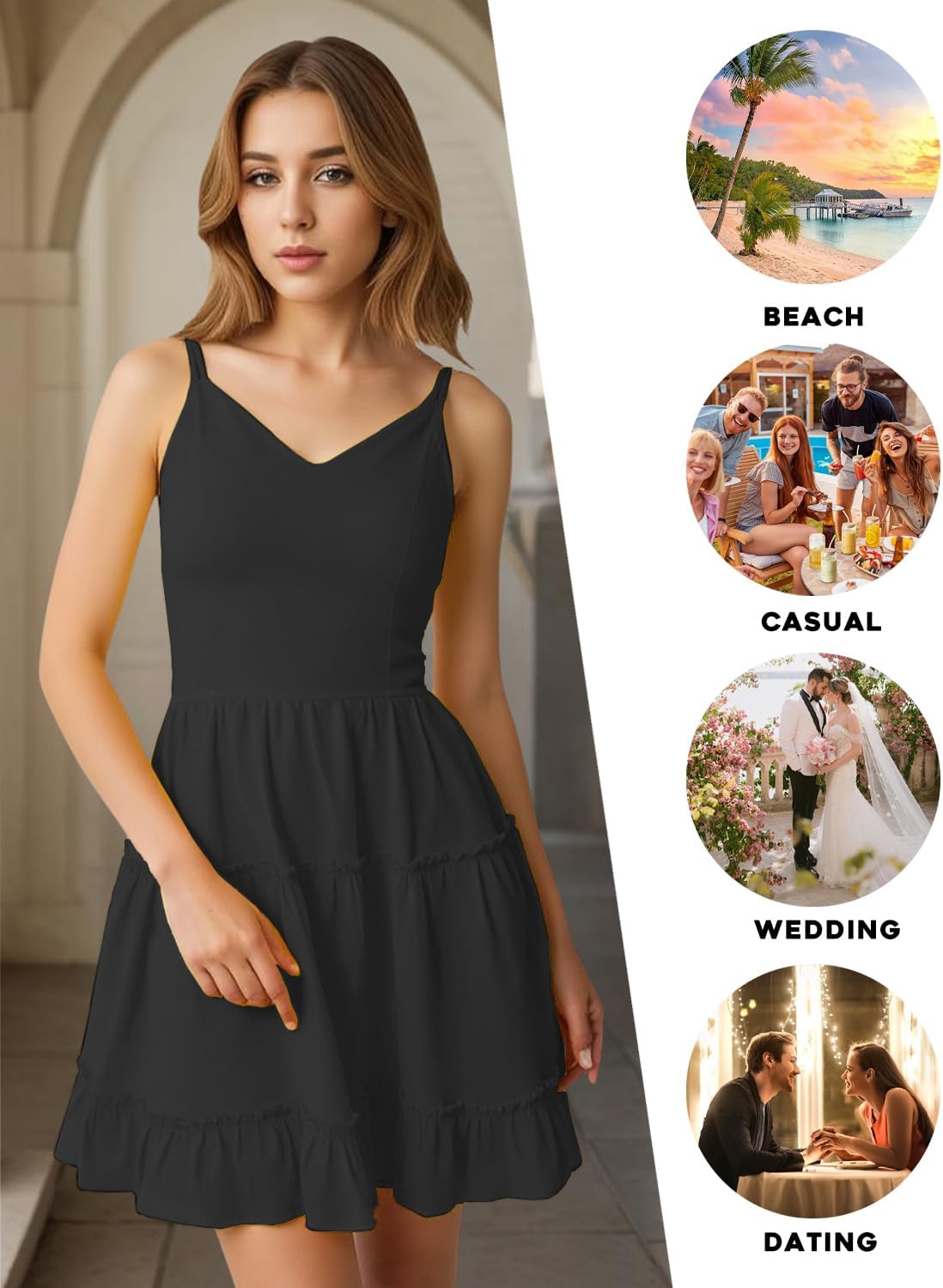 FANCYINN Women Floral Casual Tiered Mini Dresses Spaghetti Strap V Neck Backless A Line Swing Short Dress with Pockets - Image 3