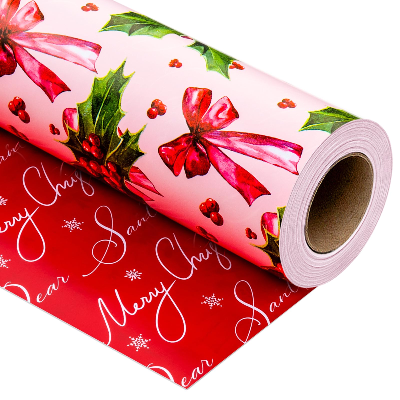 Yarcony Reversible Christmas Wrapping Paper Roll, Pink Girl Gift Wrapping Paper, Pink Holly Berry Bow Christmas Themed Decorative Gift Wrap Present for Holiday, Festive Celebration (17 In X 33 Ft) — image 1