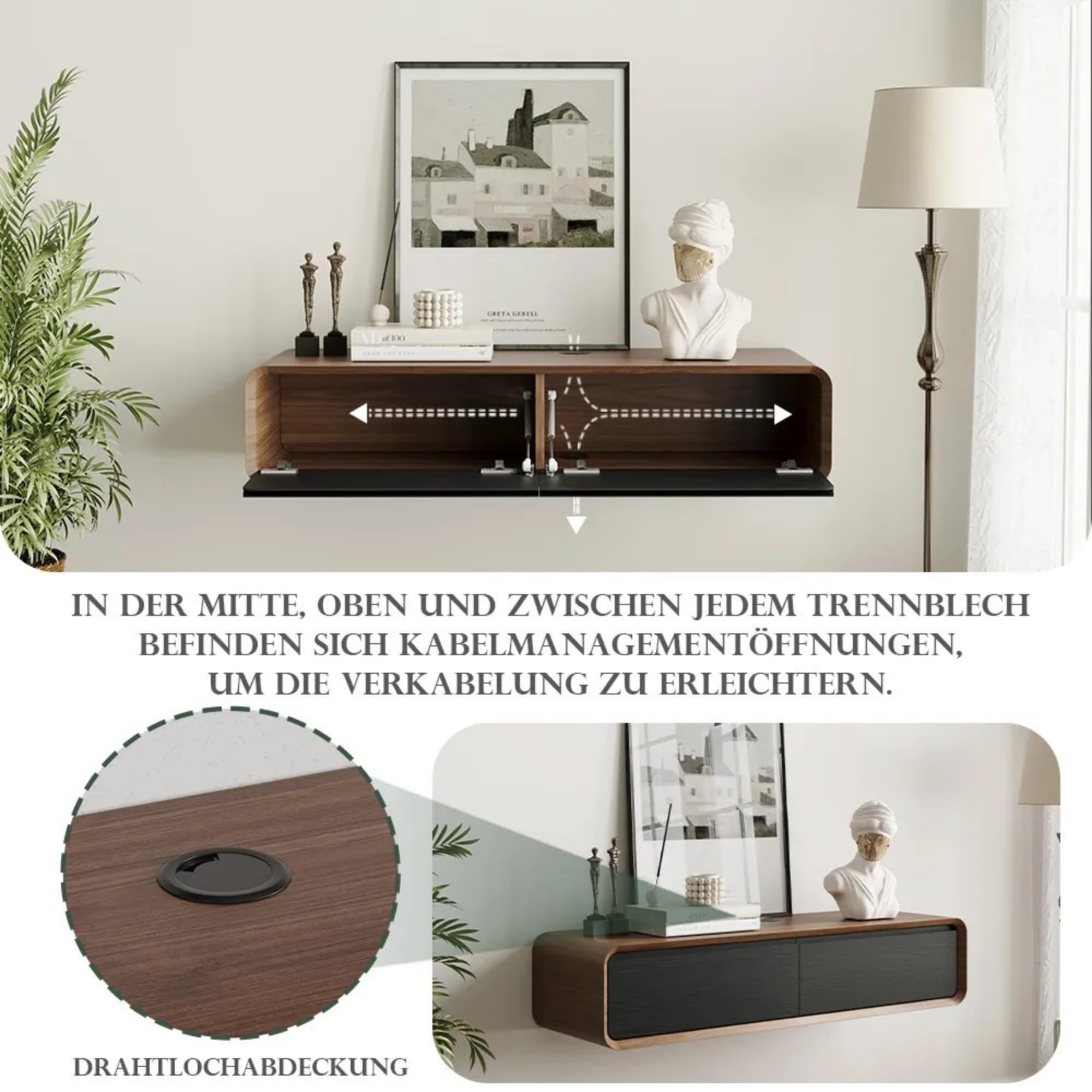 POVISON Mueble de TV flotante de 120 cm, moderno color negro y roble de madera maciza con 2 cajones, mueble para TV con gestión de cables, mueble completo con espacio de almacenamiento para salón