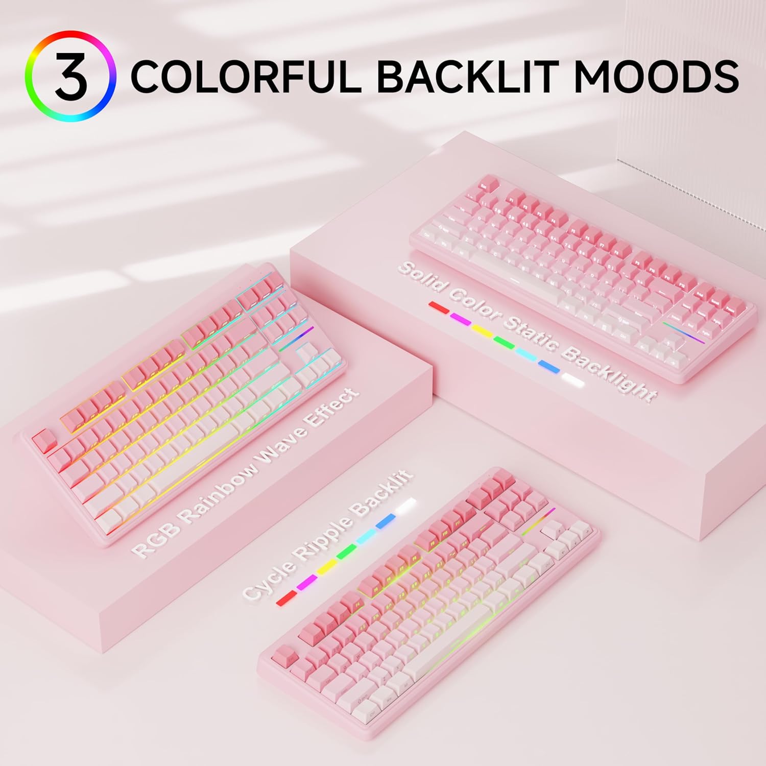 EWEADN V80 keyboard displaying various RGB lighting modes: Solid Color Static Backlight, RGB Rainbow Wave Effect, and Cycle Ripple Backlit
