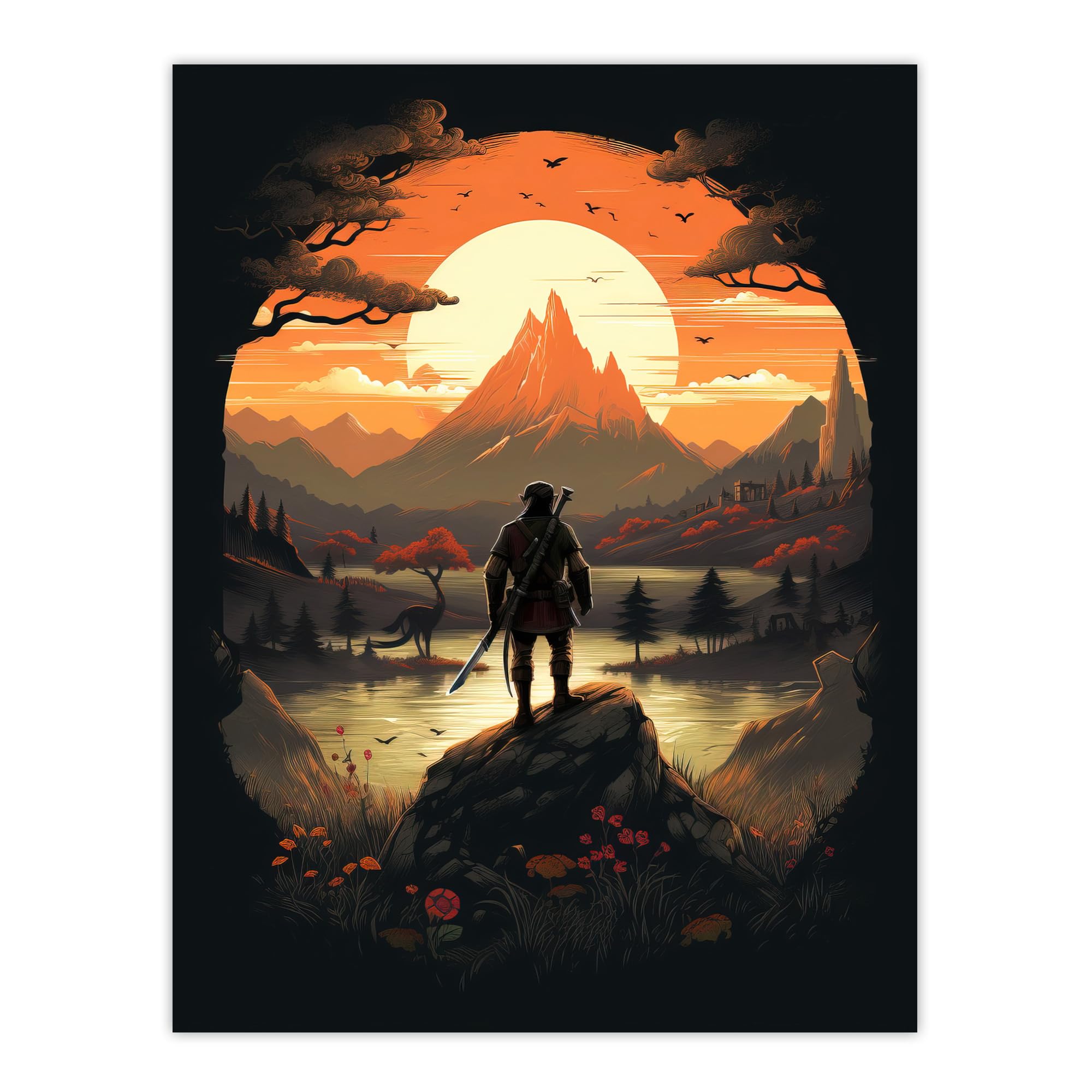 Artery8 Samurai Master Looking at Sunset Horizon Dramatic Painting Black Orange Cherry Blossoms Flowers and Pine Trees in Japanese Mountain Lake Landscape Extra Large XL Wall Art Poster Print