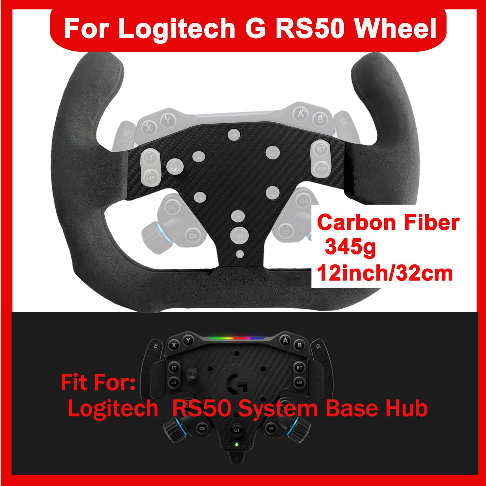 Benshuuk 12 Inch Motorsport Real Carbon Fiber Suede Steering Wheel for Logitech G RS50 System Pro SIM Racing Xbox PS4 PS5 PC
