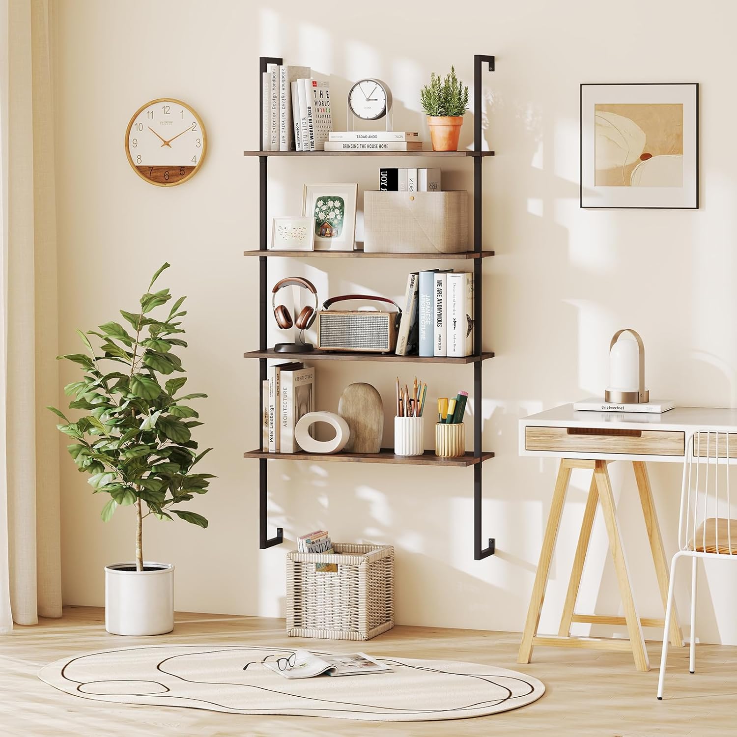 Tangkula 4-Tier Wall-Mounted Bookshelf, Industrial Floating Storage Display Shelves with Metal Frame, Wall-Mounted Ladder Wooden Bookcase for Living Room, Kitchen, Bar, Office (1, Brown)