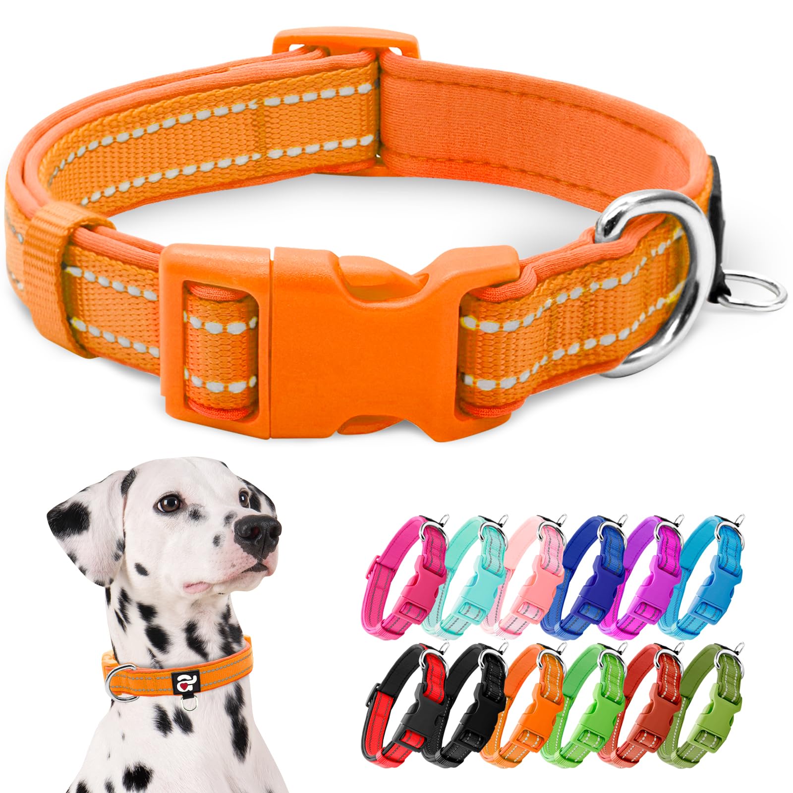 azuza Reflective Dog Collar, Soft Neoprene Padded Pet Collar with ID Tag Ring, Adjustable for Large Dogs,Orange,L