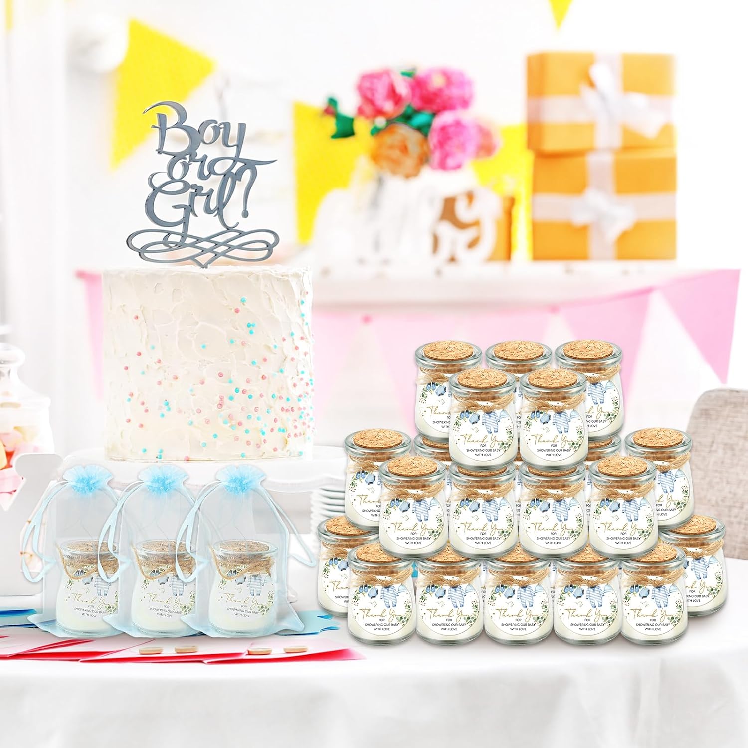 Whaline 20Pcs Baby Shower Candle Favors Glass Mason Jar Wax Candle Blue Clothes Jar Candles for Baby Shower Gender Reveal Party Favors