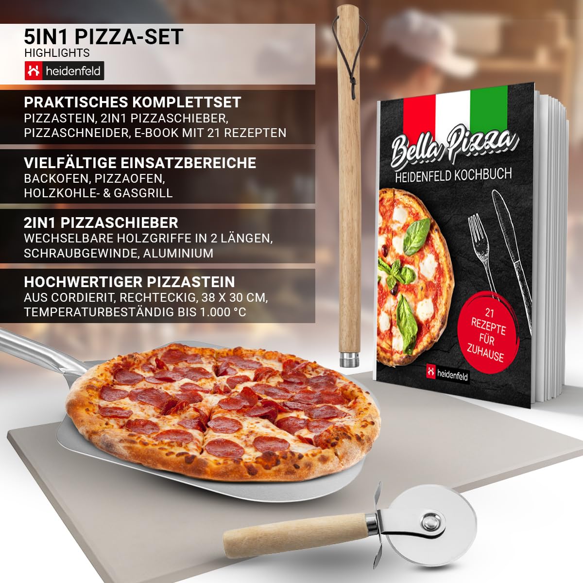 5in1 Pizza Set | Pizzastein für Backofen & Gasgrill - 2in1 Pizzaschieber - Pizzaschneider - Rezeptbuch - Pizza Zubehör - Pizzaschaufel - Pizzamaker - Pizza Stein aus Cordierit - Geschenkset (5in1)