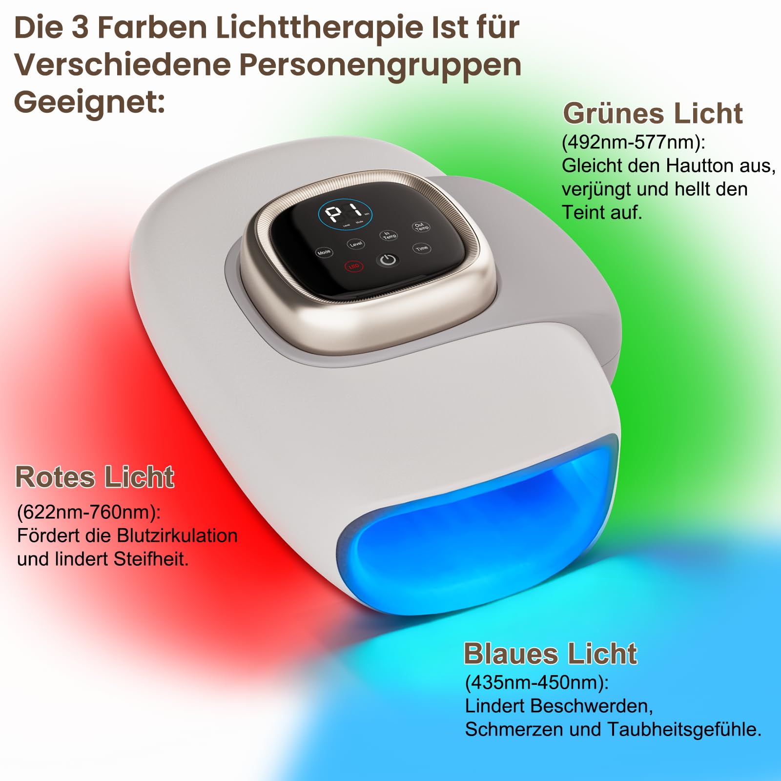 Handmassagegerät, Hand Massager mit 3 Gänge Airbag Kompression, Handgelenk Massagegerät mit Speicherfunktion, Massage Hand mit Rotes, Blaues und Grünes Licht, Interne Externe Wärme, Schmerzen lindern