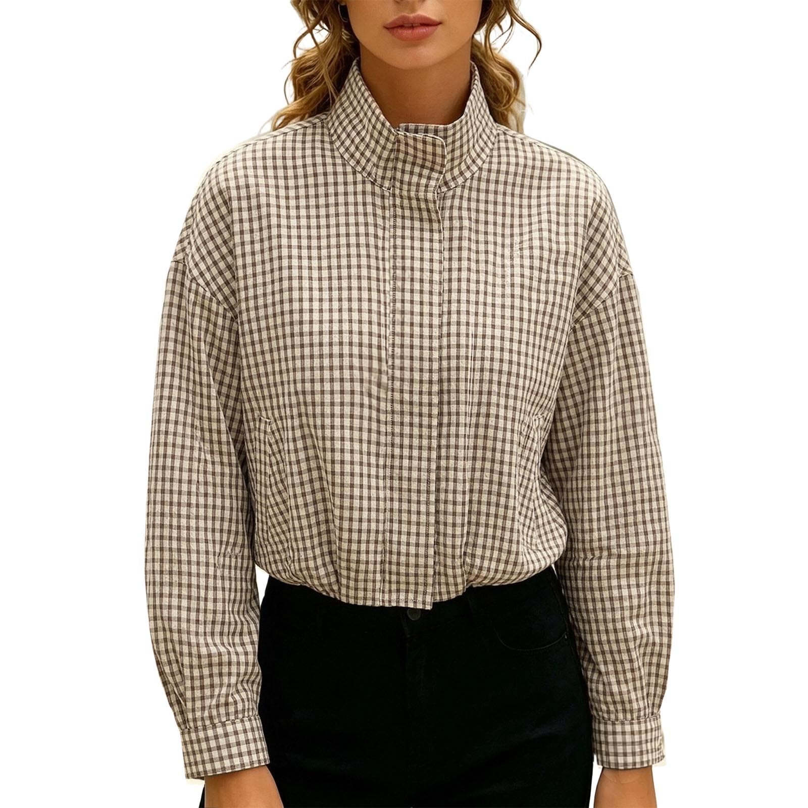 Women's Checked Bomber Jacket Stand-Up Collar Long Sleeve Flight Loose Cut Transition, Leisure Jacket For Autumn, Winter, Tops, Trendy Y2k Streetwear