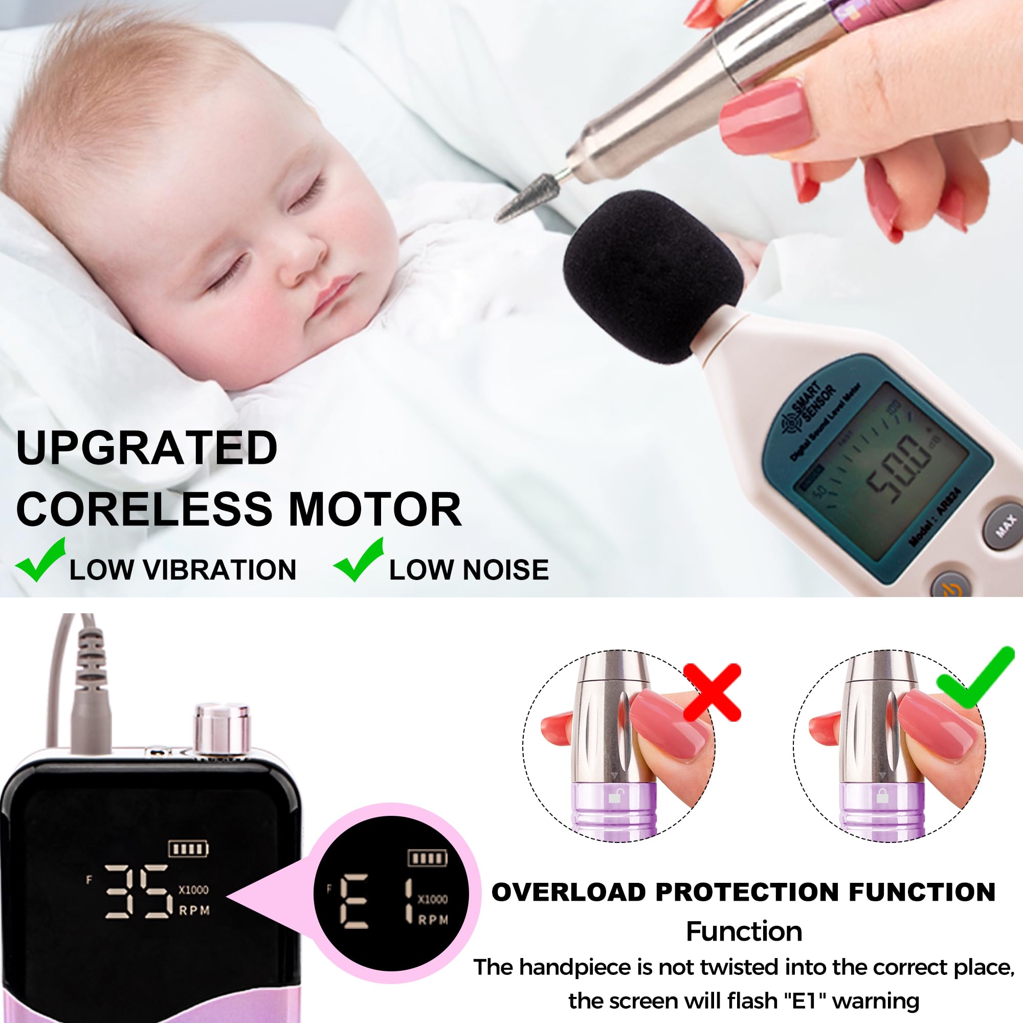 M Mase- Perceuse à ongles professionnelle sans noyau 2 en 1, 35000 RPM (Or)