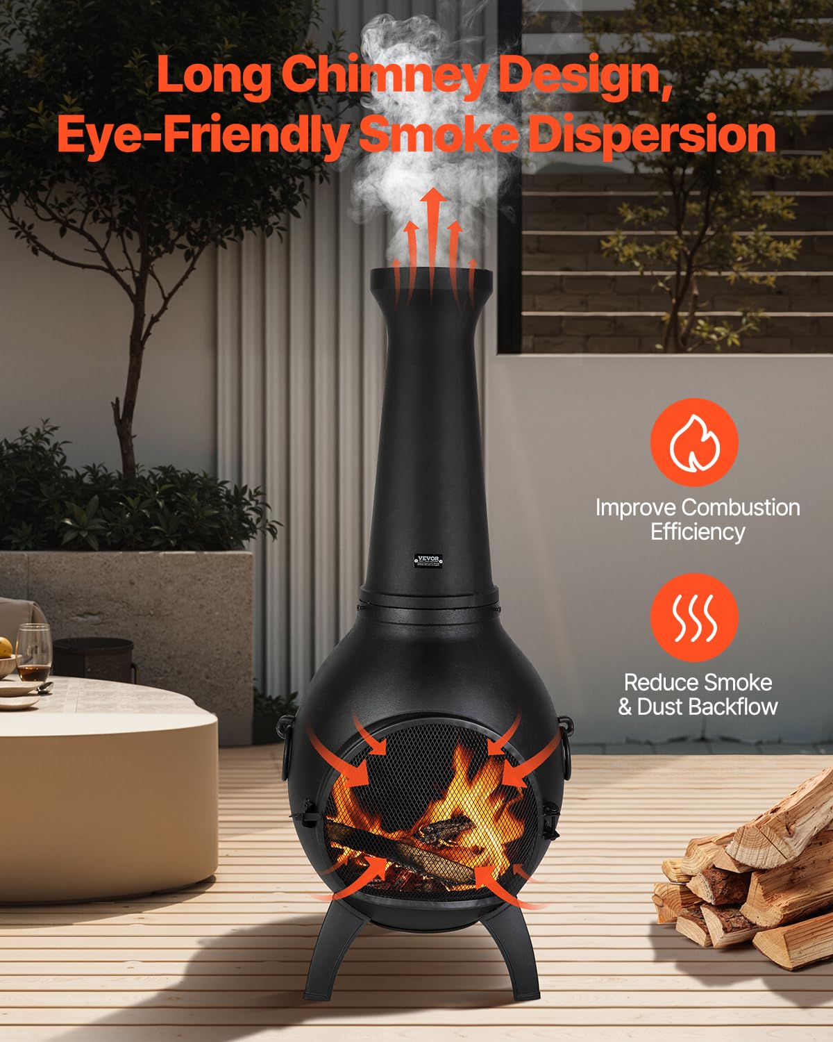 VEVOR Chimenea de Leña Exteriores 457 mm, Chimenea Esférica para Barbacoa y Calentamiento con Malla para Parrilla Revestimiento para Tapa a Prueba de Óxido para Patio, Jardín, 430 x 420 x 1120 mm