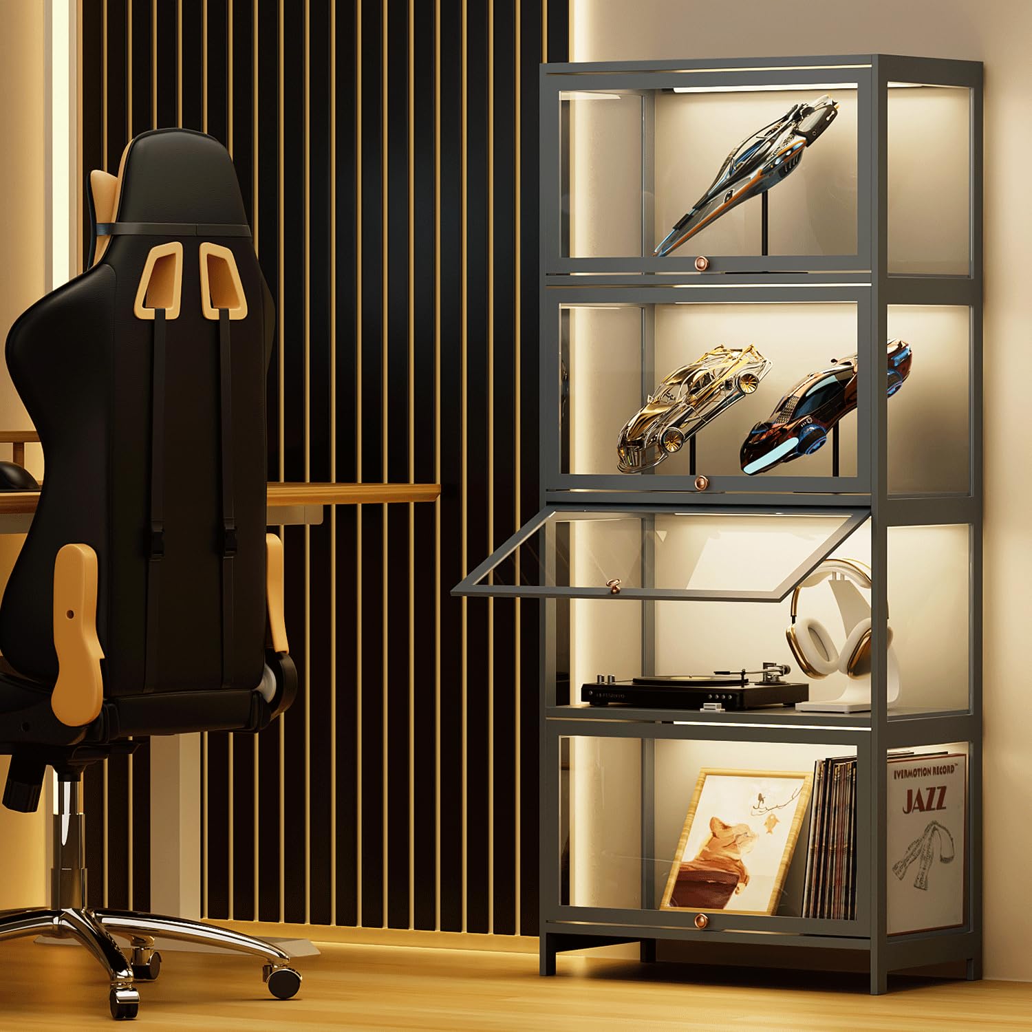 BRIGHTORIA 4-Tier Clear Display Cabinet with Flip Acrylic Doors, Collectibles Toy Books Showcase Organizers Storage Rack, 55" Tall Bamboo Standing