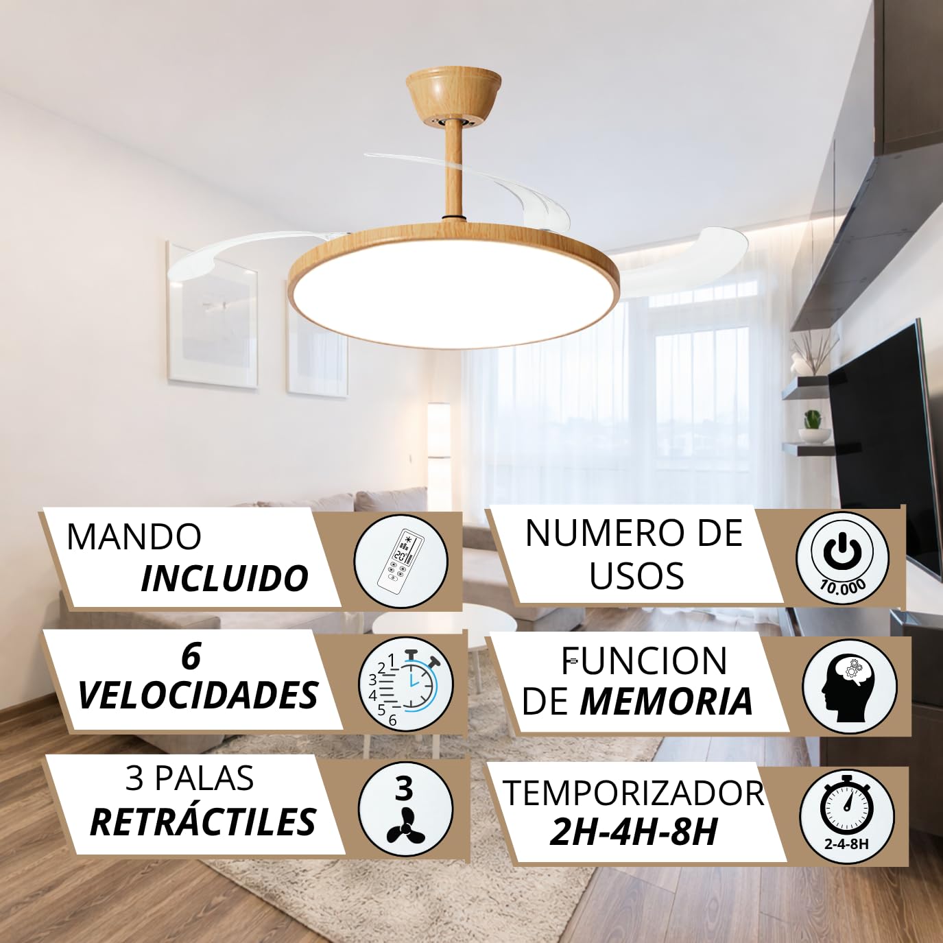 NARVI Ventilador de Techo Acabado Madera Haya con Luz LED Regulable, Motor DC Silencioso de Bajo Consumo, Lámpara Ventilador con Mando, 3 Aspas Retráctiles, MUMBAI 8991 WDNL