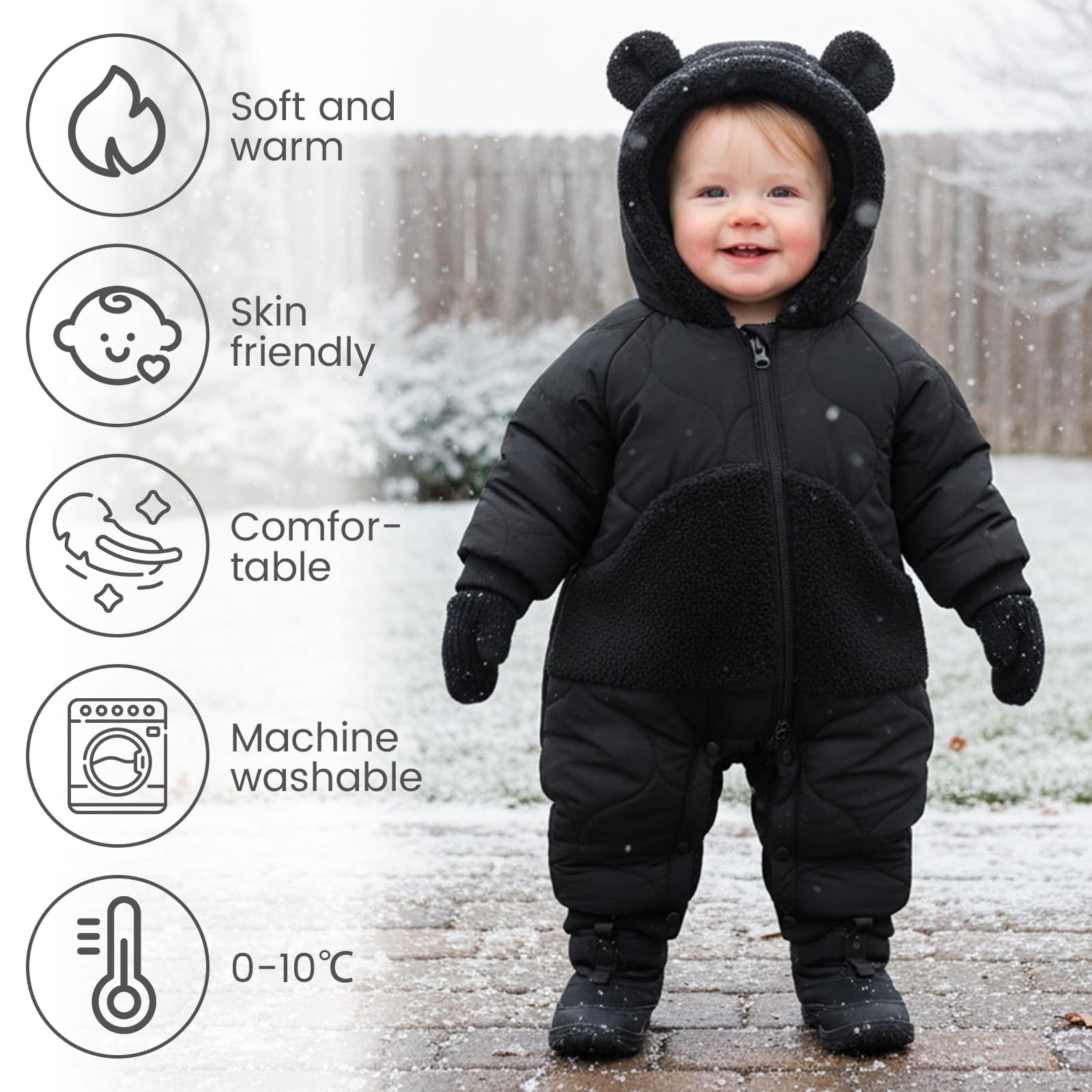 JiAmy Combinaison de neige d'hiver en polaire pour bébé – Grenouillère à capuche avec pieds – 3-24 mois