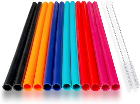 12 Pcs Eco Friendly Silicone Straws with 2 cleaning Brushes,Reusable Silicone Drinking Straws,for 30oz and 20oz Tumblers,Yeti, Ozark, Pure Multicolor, 10 inches