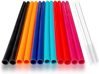 12 Pcs Eco Friendly Silicone Straws with 2 cleaning Brushes,Reusable Silicone Drinking Straws,for 30oz and 20oz Tumblers,Yeti, Ozark, (Pure Multicolor, 10 inches)