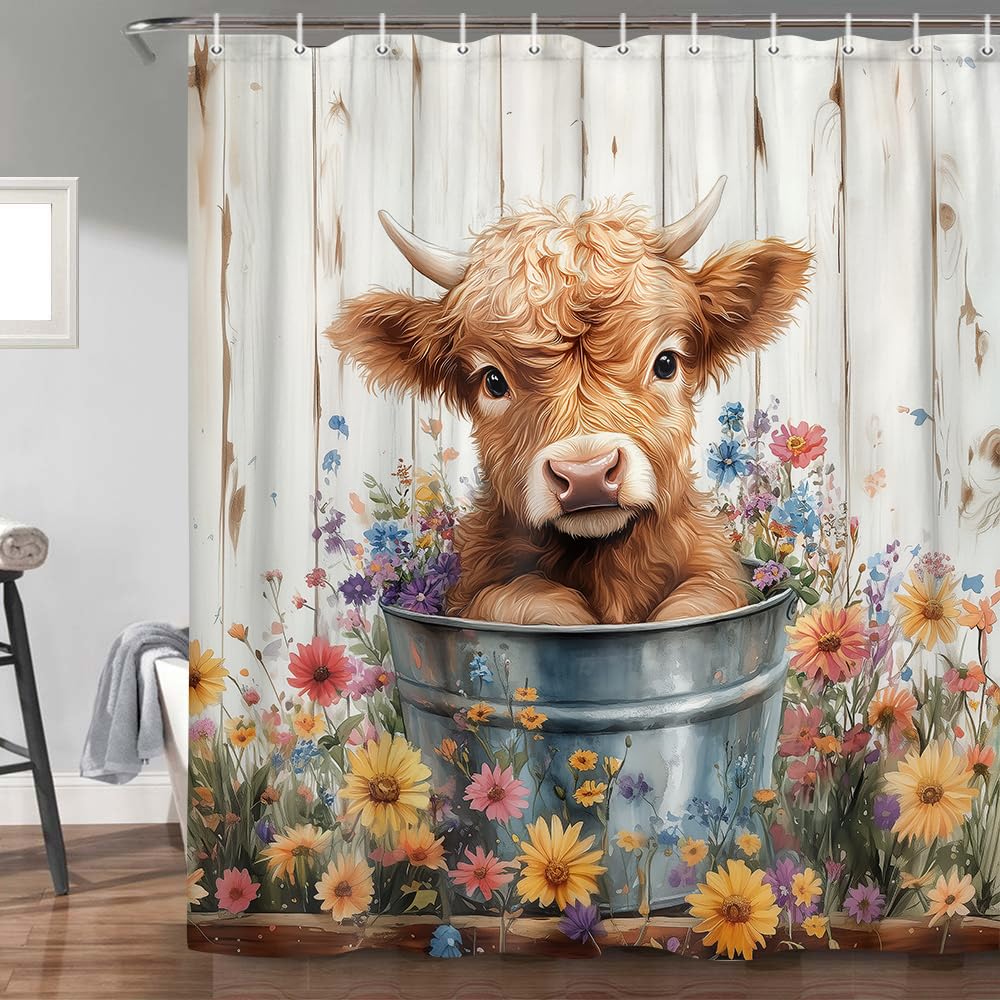 JAWO Cow Shower Curtain, Farmhouse Rustic Floral Funny Highland Cow Shower Curtains for Bathroom, Western Cute Calf Country Farm Animal Bathroom Decor, with Hooks, Surreal Bathroom Curtain, 70X70IN