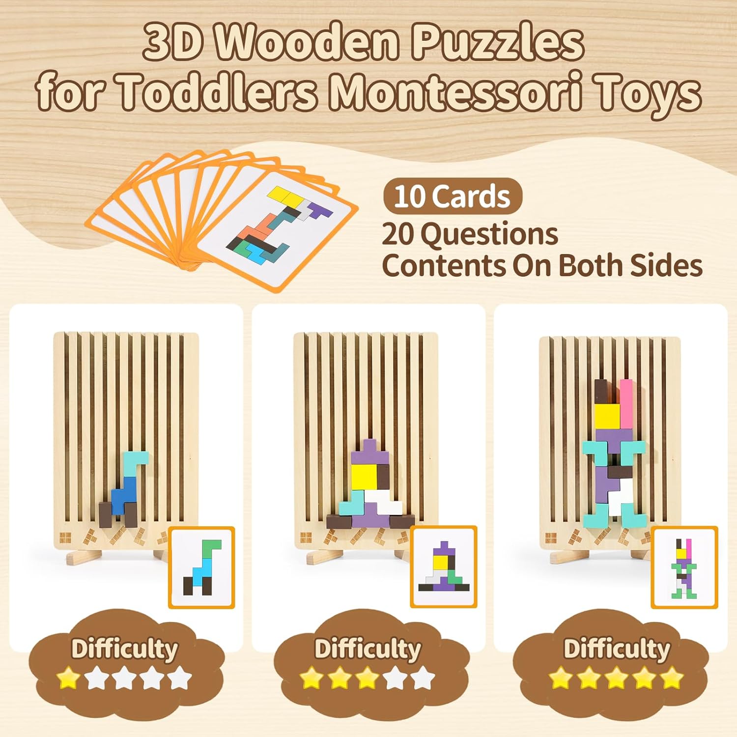 Wooden Stacking Puzzle Toy, Montessori Brain Blocks for Kids, 42Pcs 3D Russian Block Brain Teaser Puzzles & Wooden Puzzles for Toddlers, Educational Family Interactive Board Game, Gift for 3+ (2 Box)