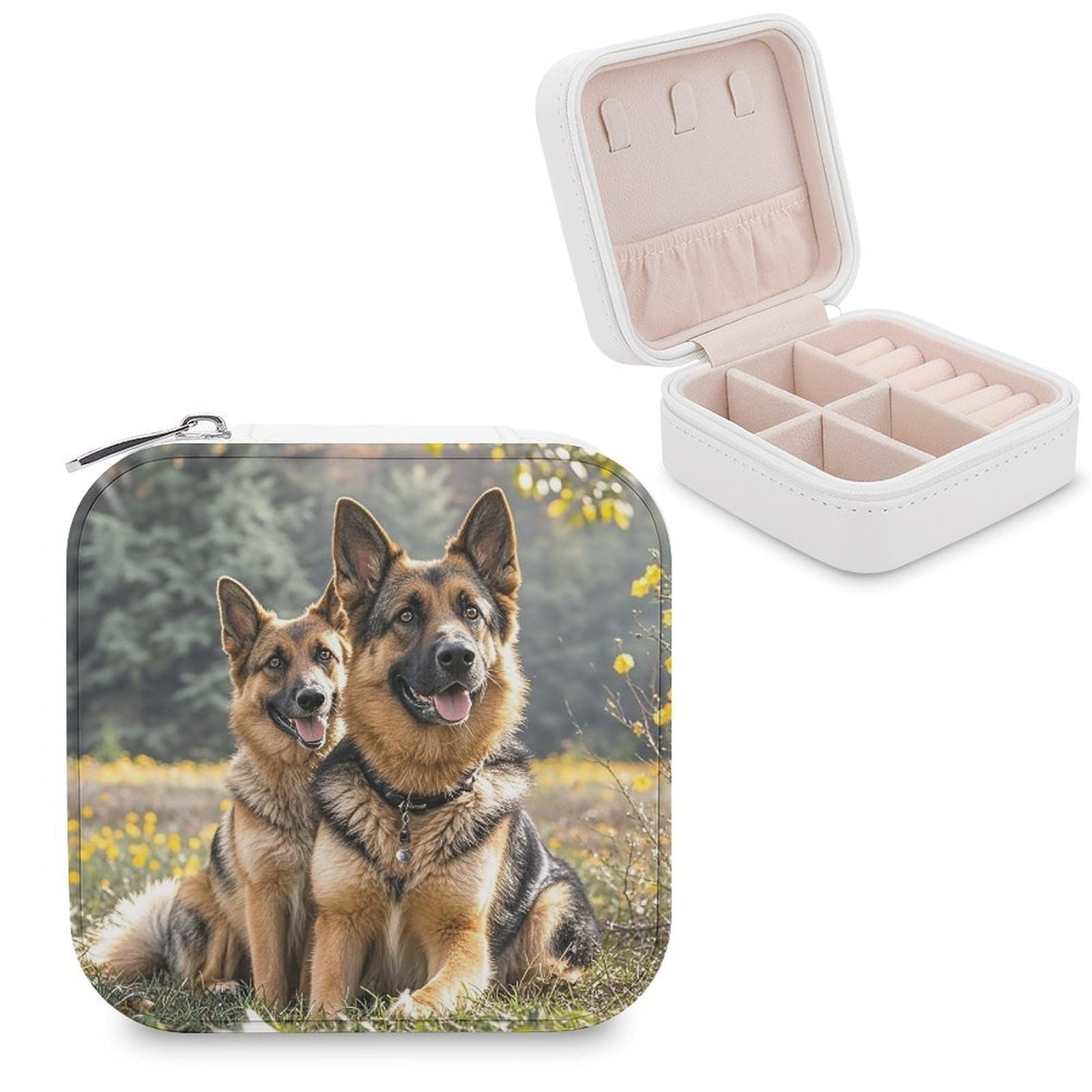 LZQPOEAS German Shepherd Dogs Jewelry Box Mini Jewelry Travel Case Trendy Stuff Ring Box Custom PU Leather Jewelry Boxes Portable Jewelry Case Earring Storage Organizer for Girls Women