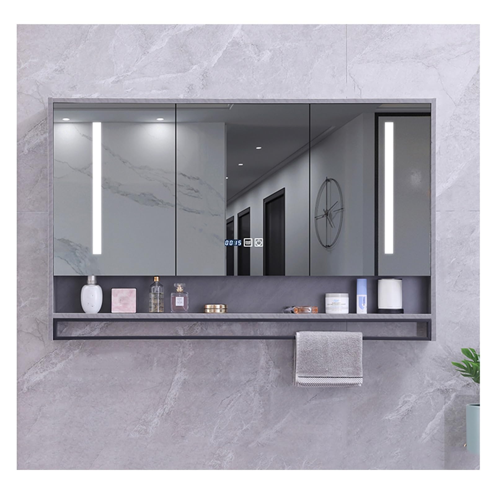 Armario con espejo de baño con luz montado en la pared, armario de almacenamiento con espejo antivaho (120 cm de ancho x 75 cm de alto)