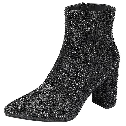 FOREVER Women Rhinestone Block Chunky Heel Ankle Bootie Iceberg 12 By shoes Black 11