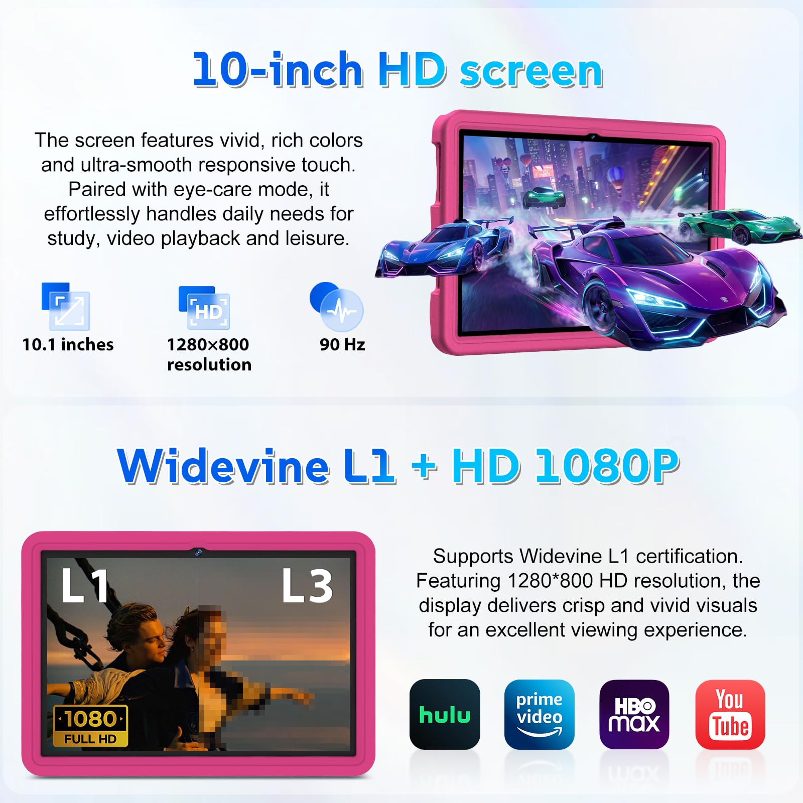 DMOAO Tablette Enfants 10 Pouces Android 15 avec 30Go RAM (TF 2To), 5G WI-FI 6, Widevine L1, Contrôle Parental, 8-Core, Tablette Tactile avec Coque Antichoc EVA + Support Rotatif à 360°,Rose Rouge
