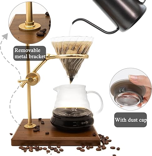 Miniatura 6 de TOCLIU Cafetera vertida, juego de cafetera con soporte ajustable de acero inoxidable, base de madera, gotero de café, jarra de café de vidrio con