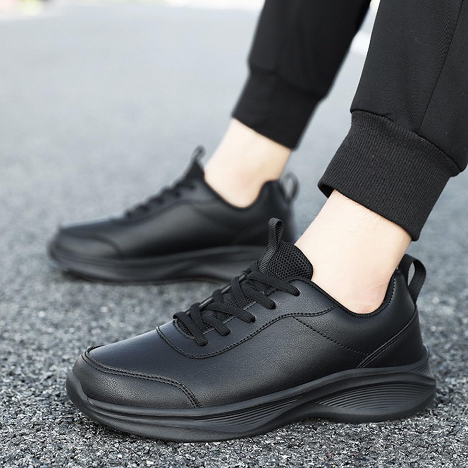 Baskets pour femme - Noir - Avec semelle blanche - Légères - En cuir - Antidérapantes - Respirantes - Chaussures de tennis épaisses - Avec lanières - Chaussures de fitness - Chaussures de marche