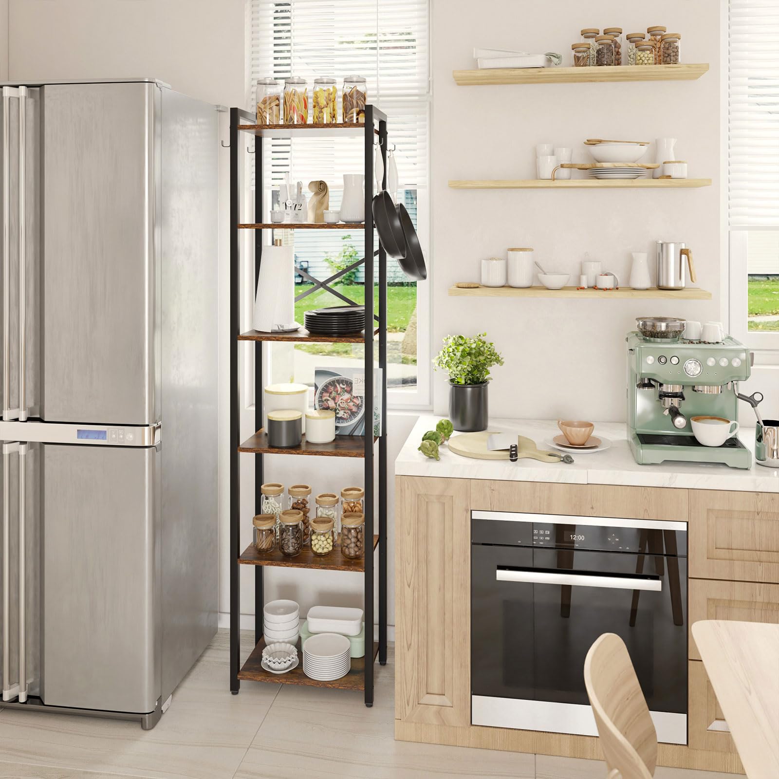Stalen Frame Boekenkast YMYNY HBC001B Opbergrek Met 6 Niveaus Met Stalen Frame Voor Woonkamer, Kantoor, Studie, Hal, Industriële Stijl, Zwart 6-laags Staand Rek Industrieel Design