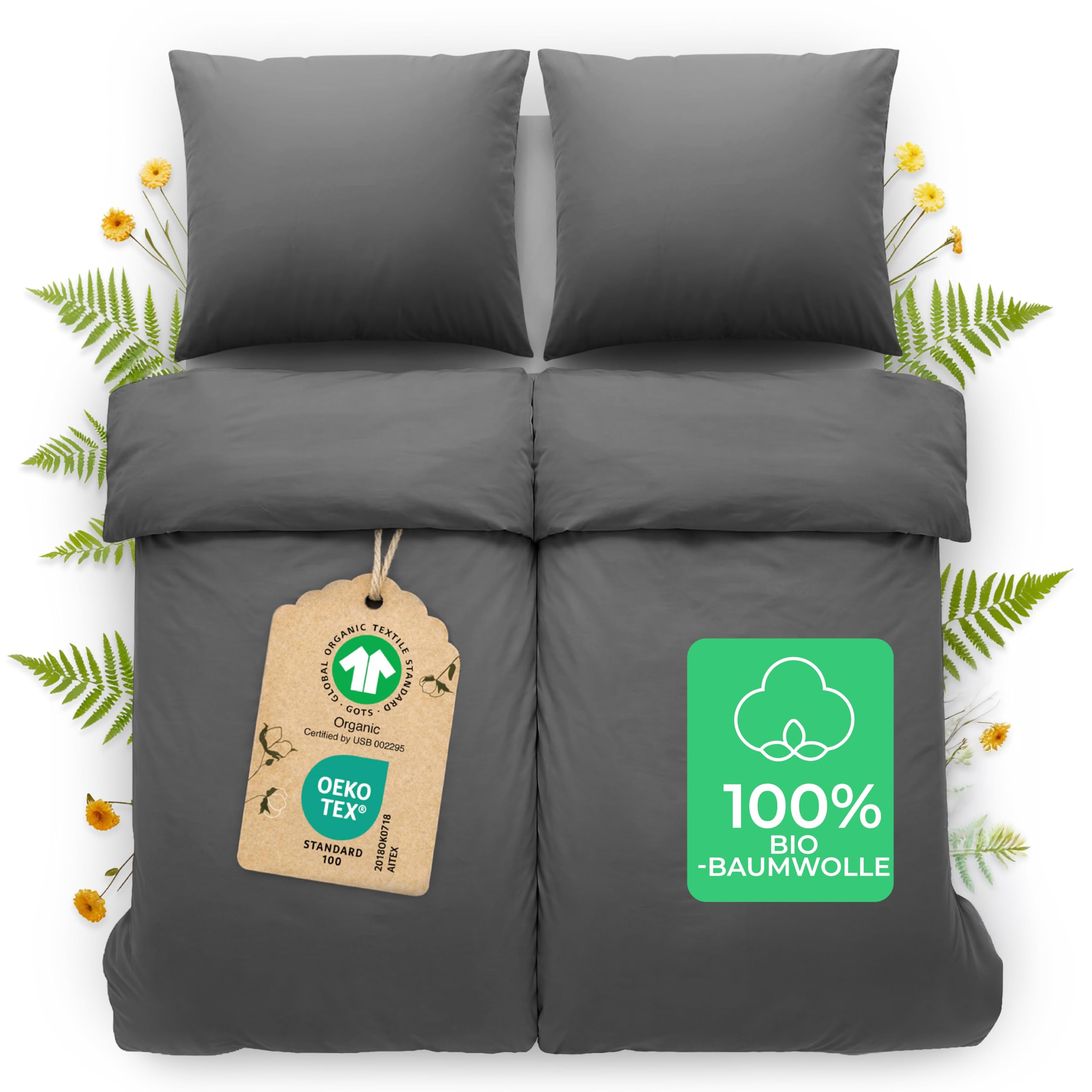 Dreamzie Bettwäsche 135x200 100% Baumwolle 4teilig mit 2 Kissenbezüge 80x80 cm - Bio-Baumwolle Percale 180 TC - Atmungsaktiv & Weich, Oeko-Tex & GOTS Zertifiziert, Dunkelgrau