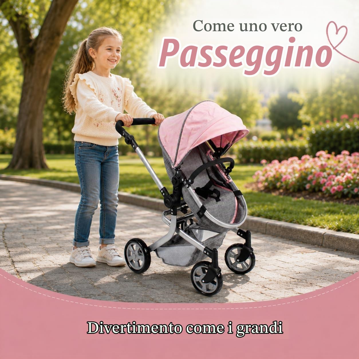 Bayer Chic 2000 - Passeggino per bambole Mika, 2 in 1 per bambini dai 4 agli 8 anni, grigio melange rosa, 73 x 41 x 82 cm