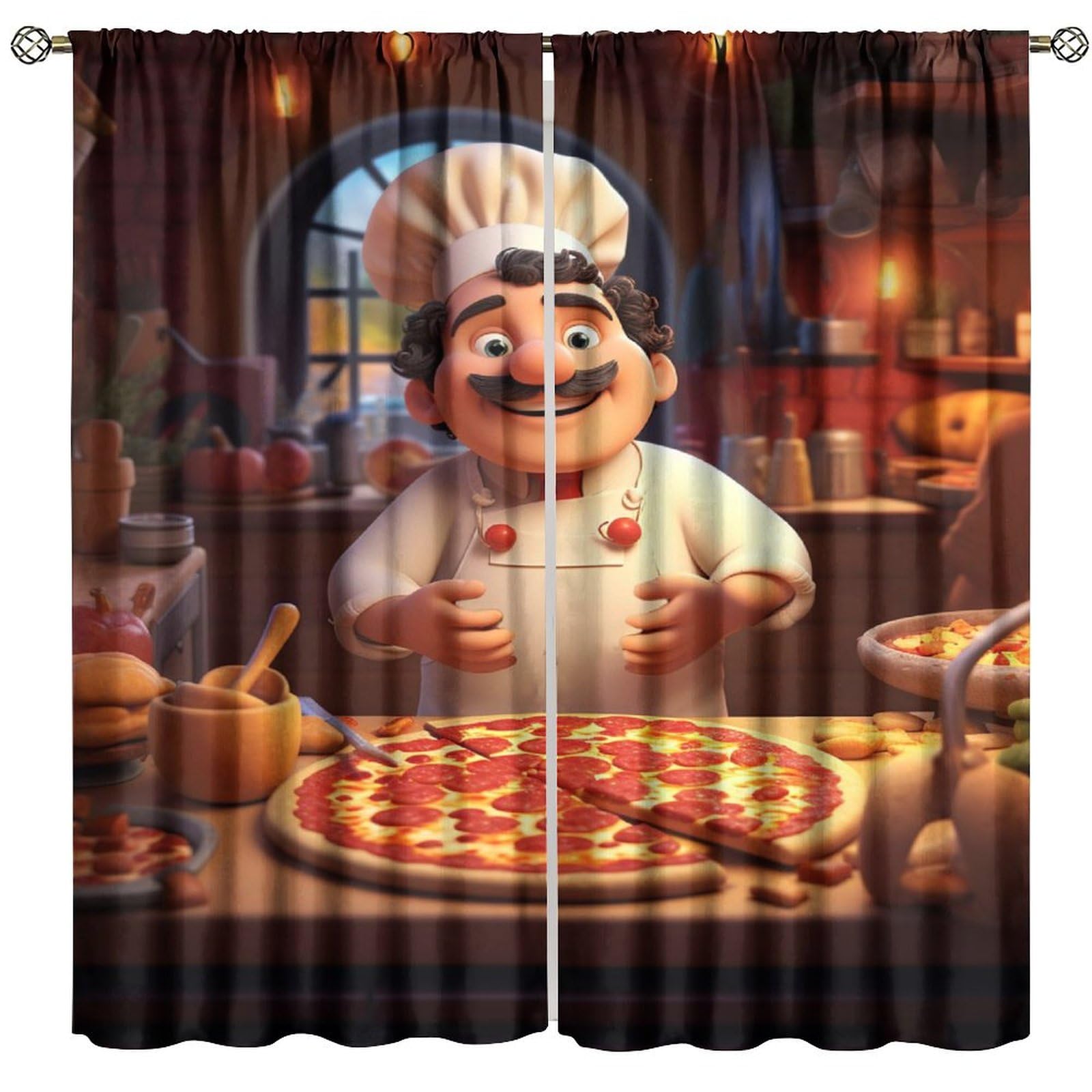 Chef Blackout Curtains for Kitchen,Cute Funny Kitchen Dessert Cooking Gourmet Cooking Pizza Making Fat Chef Window Drapes Print for Dining Bedroom Food Festival Cooking School 63x63in