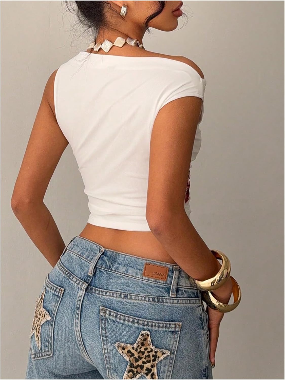 Milumia Women Floral One Off Shoulder Ruched Crop Tops Sleeveless Asymmetrical Neck Tank Top - Image 2