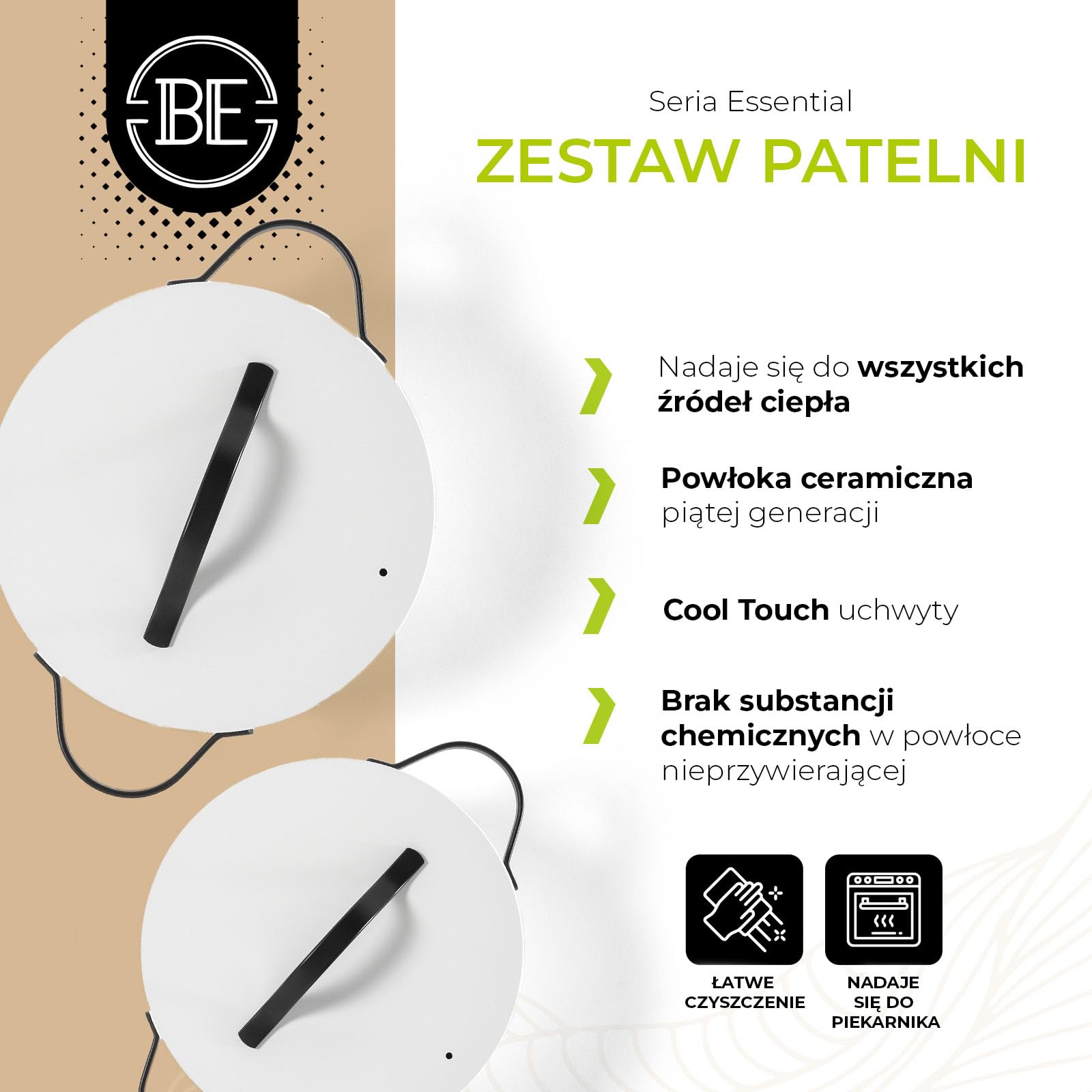 BE Living Essential 2-częściowy zestaw patelni - Ø 24 i 28 cm - garnek do gotowania - ceramika - bez PFAS - indukcja - biały