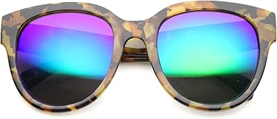 Oversize Block Tortoise Thick Frame Mirror Lens Round Horn Rimmed Sunglasses 55mm (Brown-Block-Tortoise/Blue Mirror)